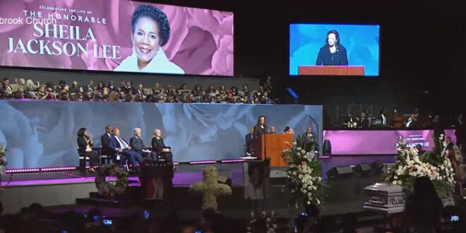 Vice President Kamala Harris delivers the eulogy at the memorial for Congresswoman Sheila Jackson Lee