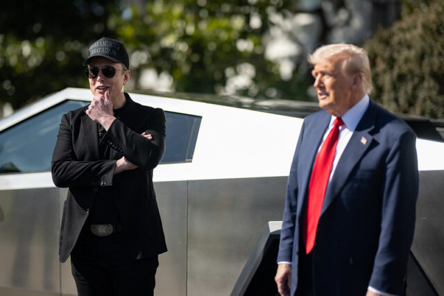 Trump, Musk - Poli Alert President Trump an Elon Musk in front of a Tesla Cybertruck