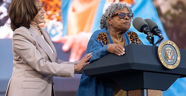 Vice President Kamala Harris stands by as Opal Lee, the "Grandmother of Juneteenth", makes remarks at a Juneteenth concert on the South Lawn of the White House, Tuesday, June 13, 2023.