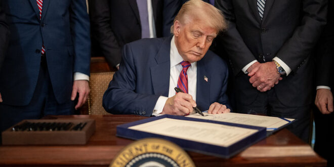 President Donald Trump signs S.1852, The GENIUS Act, Friday, July 18, 2025, in the East Room of the White House. (Official White House Photo by Daniel Torok)