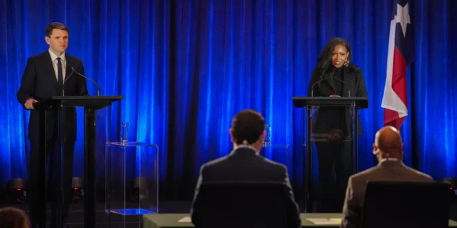 State Rep. James Talarico, left, and U.S. Rep. Jasmine Crockett