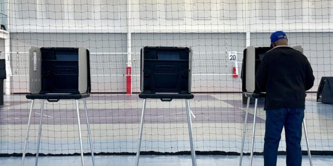 Man in a blue cap votes at a row of polling booths inside a large room, with protective netting in the foreground.
