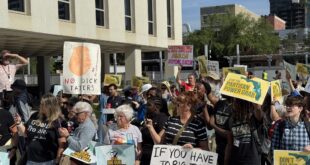 Crowd of protesters holding colorful signs in an urban plaza, many signs advocating against partisan power grabs and voting maps reform.