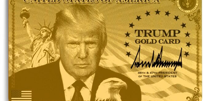 Gold Trump Gold Card: a decorative card with a large portrait, 'TRUMP GOLD CARD', surrounding stars, Statue of Liberty, and the U.S. flag.