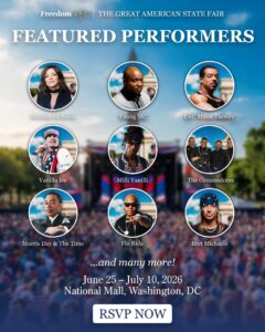 IMG_8020 - Poli Alert Poster showing featured performers at the Freedom 250 Great American State Fair with circular headshots of artists like Martina McBride, Young MC, and C+C Music Factory above a crowd scene.