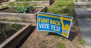Campaign sign in a front yard: 'FIGHT BACK VOTE YES!' with Statue of Liberty graphic and election date info.