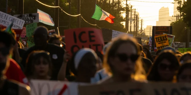 eople march to protest the killing of Lorenzo Salgado Araujo on July 8, 2026, in Houston