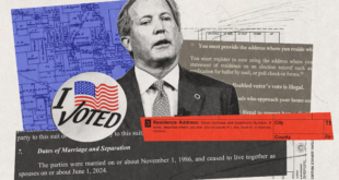Collage of a man in a suit with an 'I Voted' sticker, overlaid with voting forms and a blue map background.
