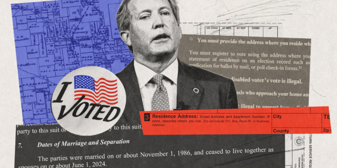 Collage of a man in a suit with an 'I Voted' sticker, overlaid with voting forms and a blue map background.