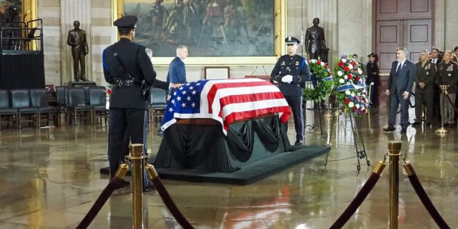 fFag-draped casket of the late Sen. Lindsey Graham, R-S.C., at the congressional tribute in the U.S. Capitol Rotunda