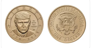 Pair of gold-colored commemorative coins side by side: left with a portrait and LIBERTY inscription, right with the US coat of arms and ONE DOLLAR text.