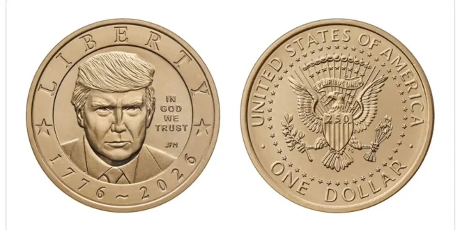 Pair of gold-colored commemorative coins side by side: left with a portrait and LIBERTY inscription, right with the US coat of arms and ONE DOLLAR text.
