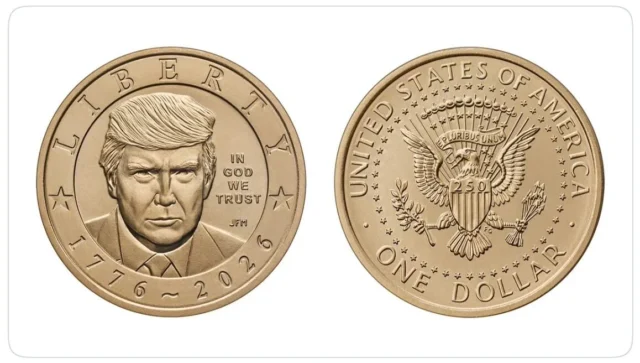 trump coin - Poli Alert Pair of gold-colored commemorative coins side by side: left with a portrait and LIBERTY inscription, right with the US coat of arms and ONE DOLLAR text.