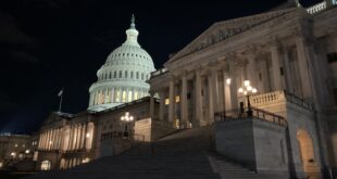 Night view of the U.S. Capitol with an illuminated dome and wide stone steps gradually rising toward the building.