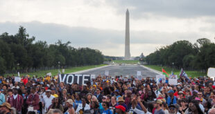 Crowd of protesters on the National Mall near the Washington Monument, holding large signs that read VOTE and DEFEND.