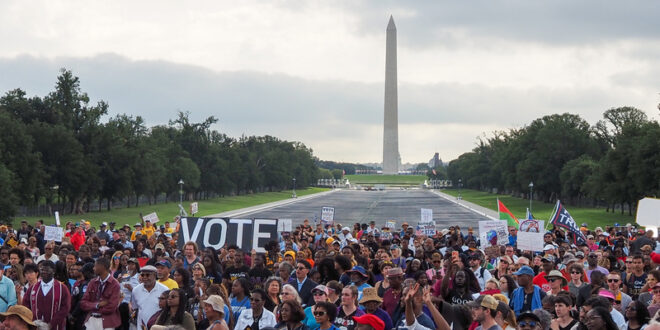 Crowd of protesters on the National Mall near the Washington Monument, holding large signs that read VOTE and DEFEND.