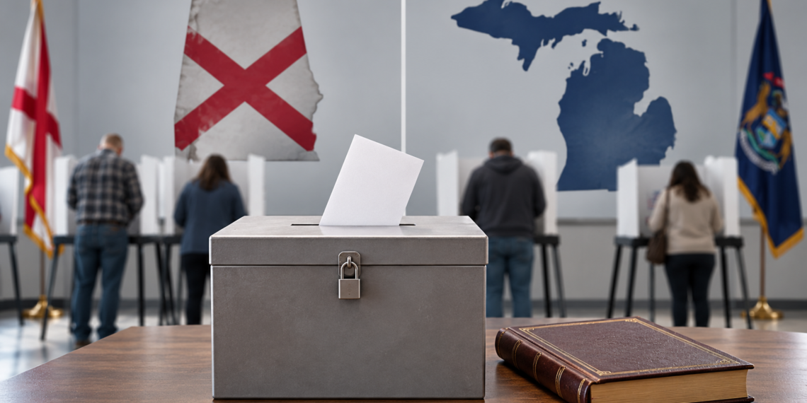 Alabama and Michigan at the ballot - Poli Alert Ballot being placed into a gray metal ballot box on a wooden table at a polling station, with booths and flags in the background.