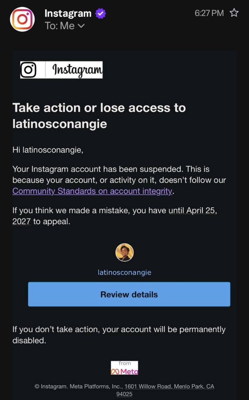 Angie Nixon - Poli Alert Angie Nixon Instagram suspension notice for the latinosconangie account
