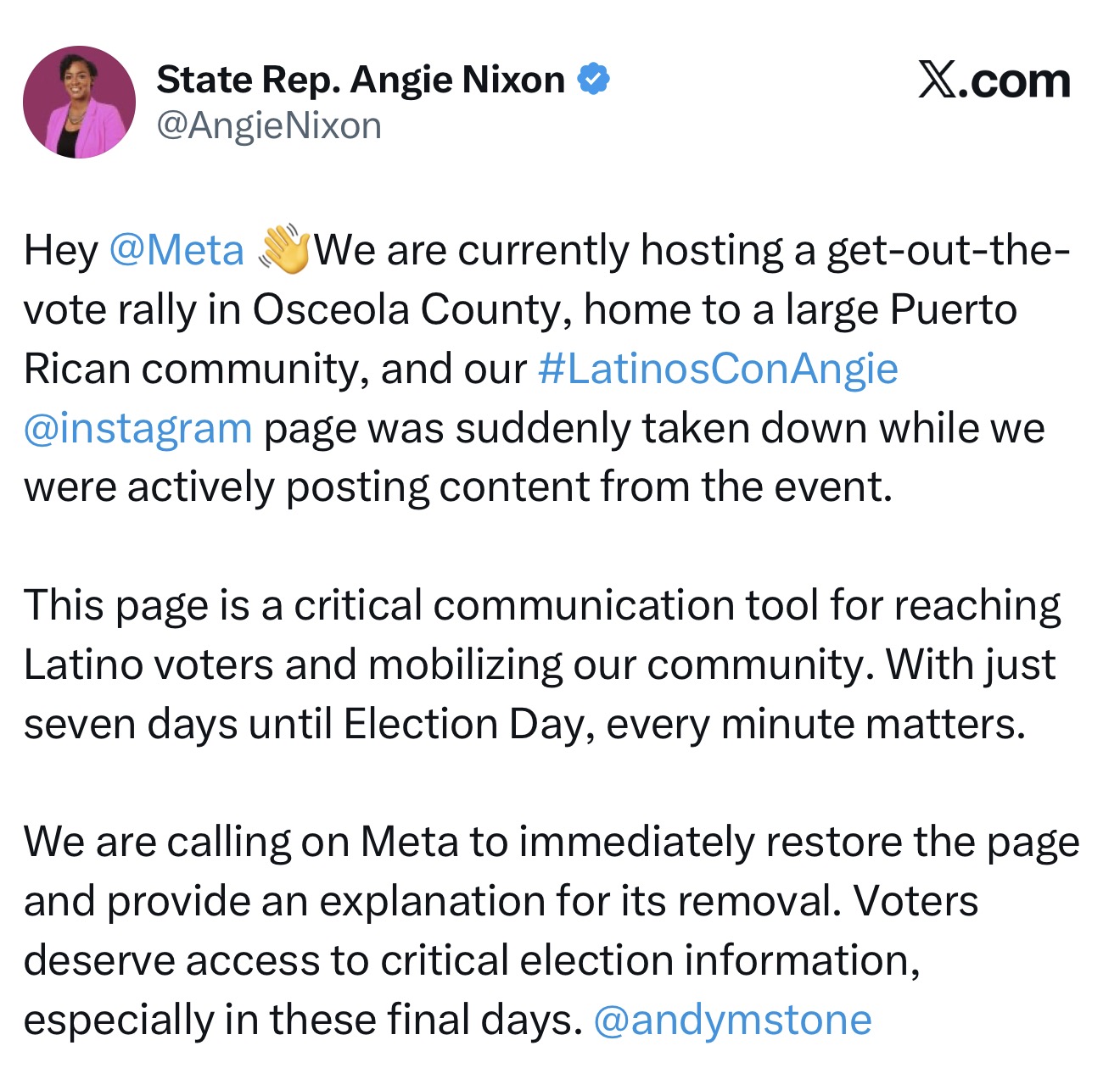 Angie Nixon - Poli Alert Angie Nixon Instagram post on X calling on Meta to restore the latinosconangie page