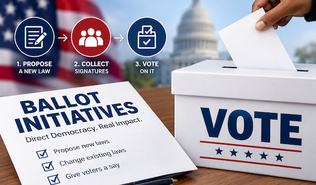 Ballot Initiatives_ Democracy in Action - Poli Alert Hand places a ballot into a white VOTE box; ballot titled 'Ballot Initiatives' sits on a wooden table with the Capitol in the background and an American flag. Three step icons (propose law, collect signatures, vote) overlay the scene.