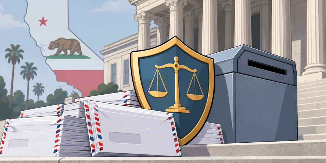 California Ballots - Poli Alert Financial/legal imagery: stacks of envelopes beside a shield with scales of justice and a ballot box on courthouse steps, with California flag backdrop