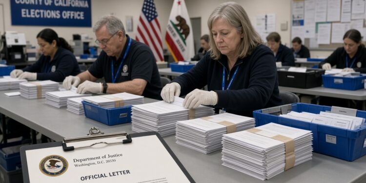 California Election Workers - Poli Alert California ballots being processed by election workers as the DOJ demands counties set aside flagged mail ballots