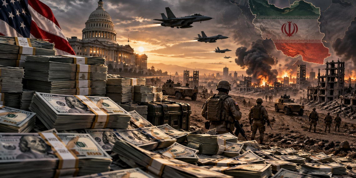 Iran War Cost - Poli Alert Iran war cost estimate shown alongside rising gas prices at a U.S. gas station