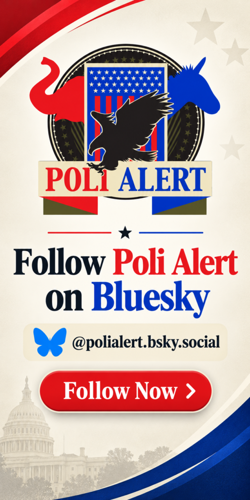 Poli Alert Bluesky - Poli Alert Political poster urging users to follow Poli Alert on Bluesky, with red, white, blue design and a large Follow Now button.