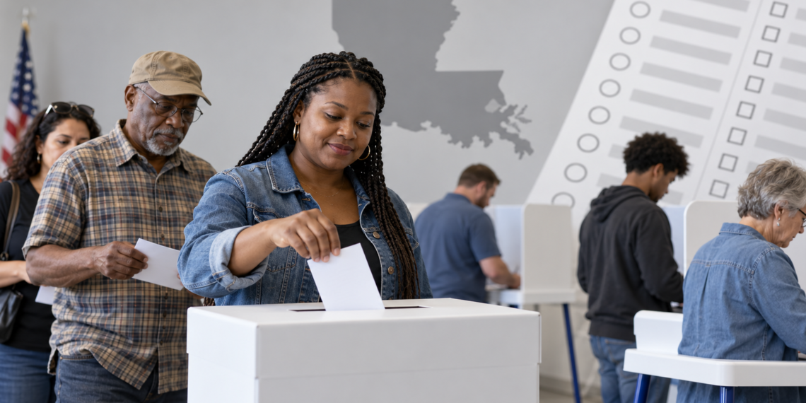 louisiana-ballot - Poli Alert Woman in a denim jacket casts a ballot into a white ballot box while others wait in line at a polling station.