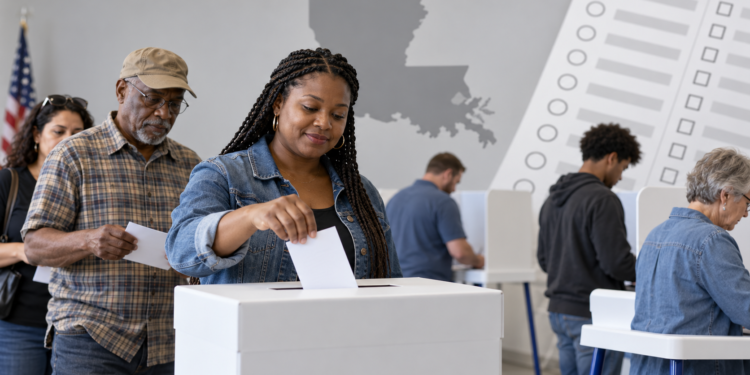 louisiana-ballot - Poli Alert Woman in a denim jacket casts a ballot into a white ballot box while others wait in line at a polling station.