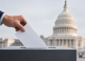 midterm-election - Poli Alert Person inserts a ballot into a dark ballot box with the U.S. Capitol in the background, illustrating voting.