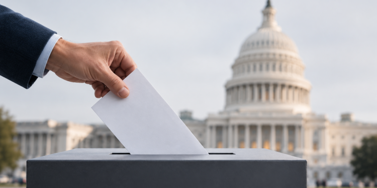 midterm-election - Poli Alert Person inserts a ballot into a dark ballot box with the U.S. Capitol in the background, illustrating voting.