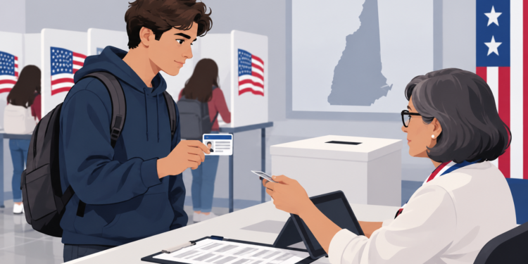 studentid-newhampire - Poli Alert Voter with a backpack hands an ID card to a poll worker at a polling station, with a ballot drop box and U.S. flags in the background.