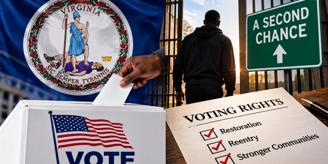 voting-rights - Poli Alert Flag of Virginia and a hand placing a ballot into a white vote box, symbolizing voting in Virginia.