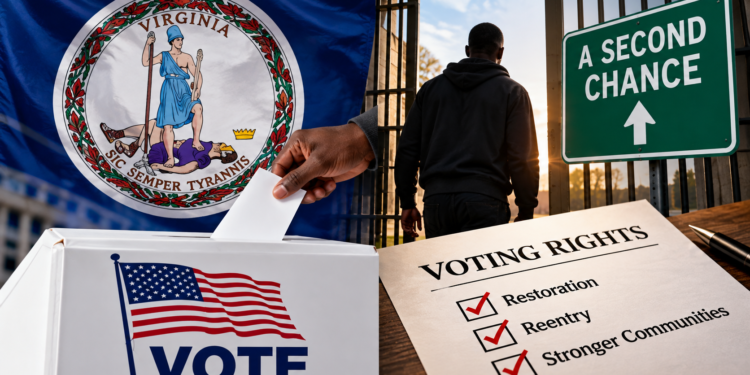 voting-rights - Poli Alert Flag of Virginia and a hand placing a ballot into a white vote box, symbolizing voting in Virginia.